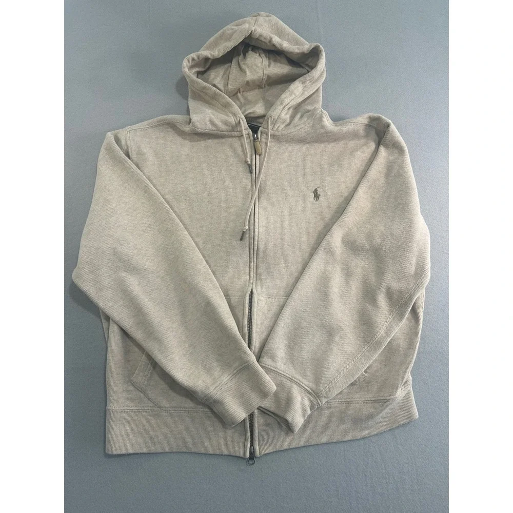 Polo Ralph Lauren Full Zip Hoodie Mens Large Beige Tan Ribbed Cotton Pony Logo
